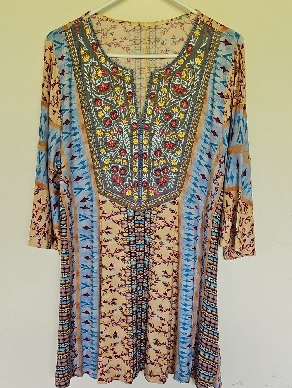Soft Surroundings Embroidered Velvet V-Neck Floral Bell Sleeve Tunic Women's L